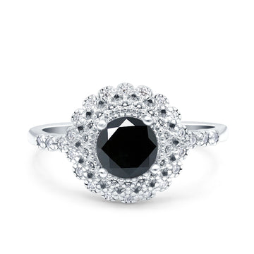 Halo Art Deco Wedding Ring Round Simulated Black CZ 925 Sterling Silver